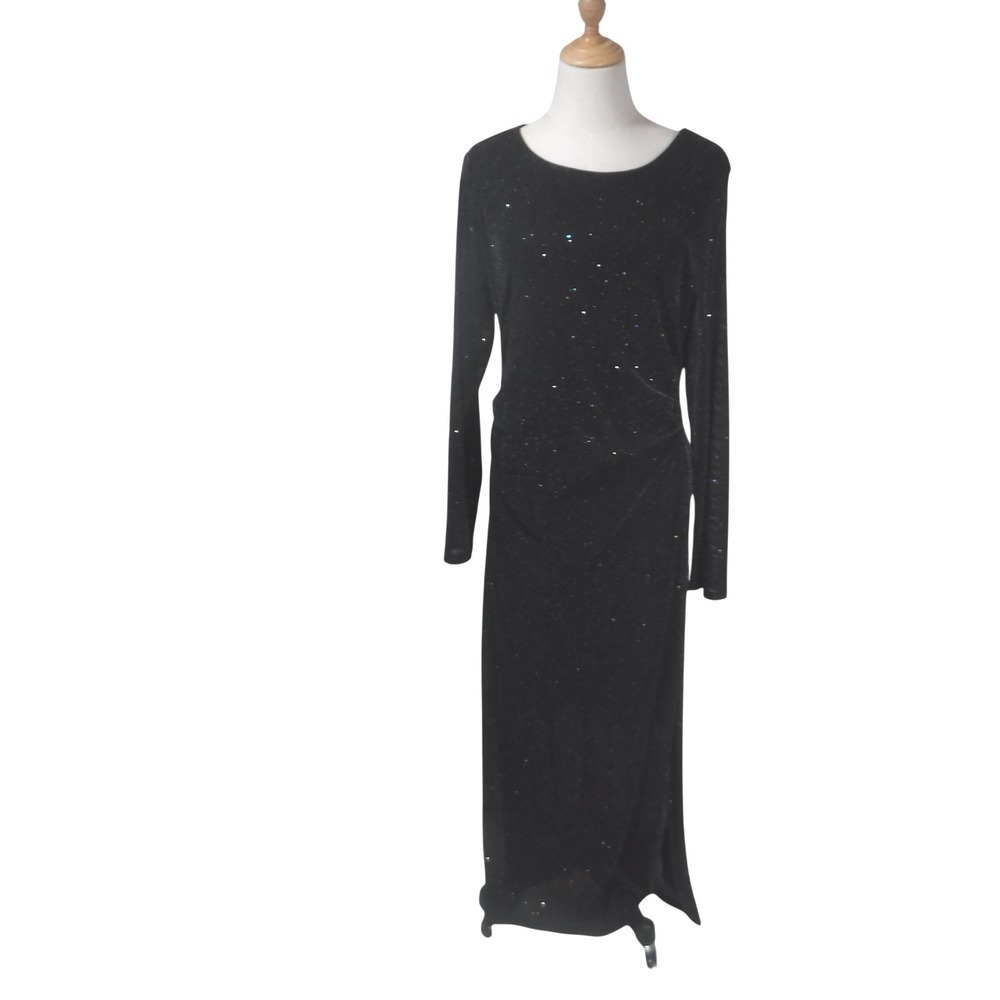Cato Womens XL Black Shimmer Metallic Long Sleeve Ruched Maxi Evening Gown Dress
